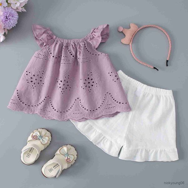 

clothing sets girls clothes 2023 fashion summer solid color ruched andshorts outfits set kids 0-2 years, White