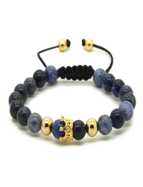 

2016 high grade jewelry whole 8mm natural blue veins stone bead brass micro pave cubic zirconia crown mens bracelet5149944, Golden;silver