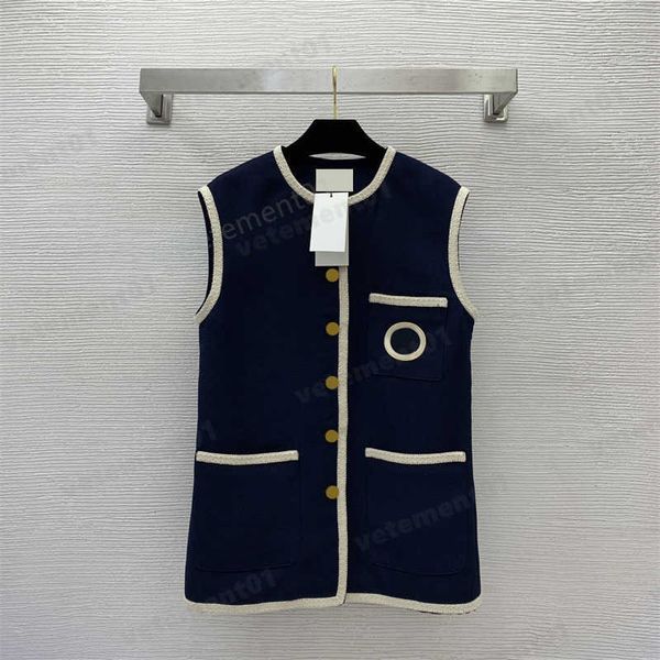 

women vests sleeveless jacket outerwear contrasting tweed lace stitching fashion anchor gold button round neck vest jackets high-end quality, Black;white