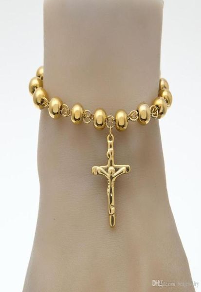 

hip hop jewelry 14k gold plated rosary bead bracelet stainless steel cross with jesus charms pendant link chain religion female pu6463927, Black