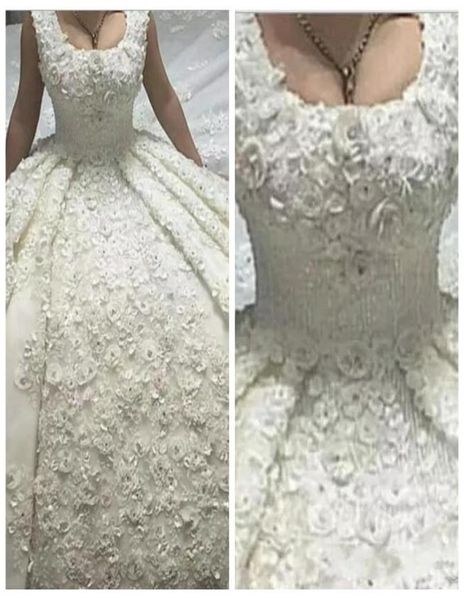 

luxurious aline wedding dresses with scoop neckline lace long train handmade flowers pearls appliques bridal gowns robe de m5325396, White