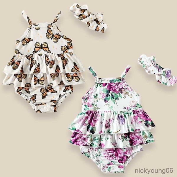

clothing sets 2023 baby child girl personality printed butterfly floral lotus edge hanging bag triangle skirt, White