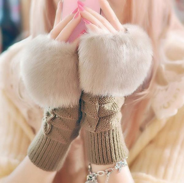 

lasperal 1pair women fashion gloves faux fur hand wrist crochet knitted fingerless gloves winter autumn knitting1172965, Blue;gray