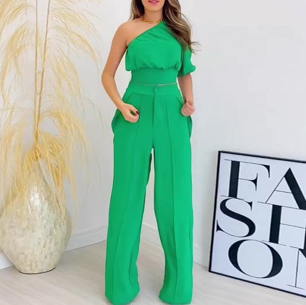 

women's set 2023 spring/summer new unilateral sleeve short shirt high waist pocket wide leg pants fashion women's two piece set, White