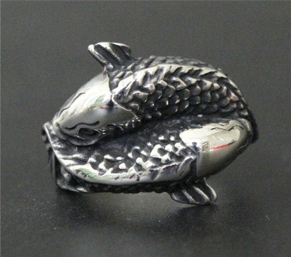 

2pcslot silver double fish ring 316l stainless steel biker style men boys fish ring5330148