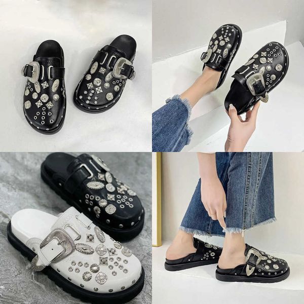 

summer slippers women platform rivets punk rock leather mules creative metal fittings casual party shoes female outdoor slides 230511, Black