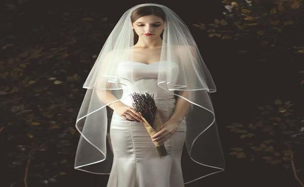 

elegant bridal veils bride veil fingertip length twolayer simple handmade noble tulle ribbon edge wedding veil headwear comb4025098, Black