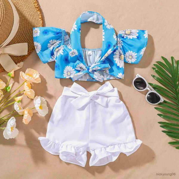 

clothing sets infant baby girls summer outfits fashion print off-shoulder short sleeve strappy shorts set, White