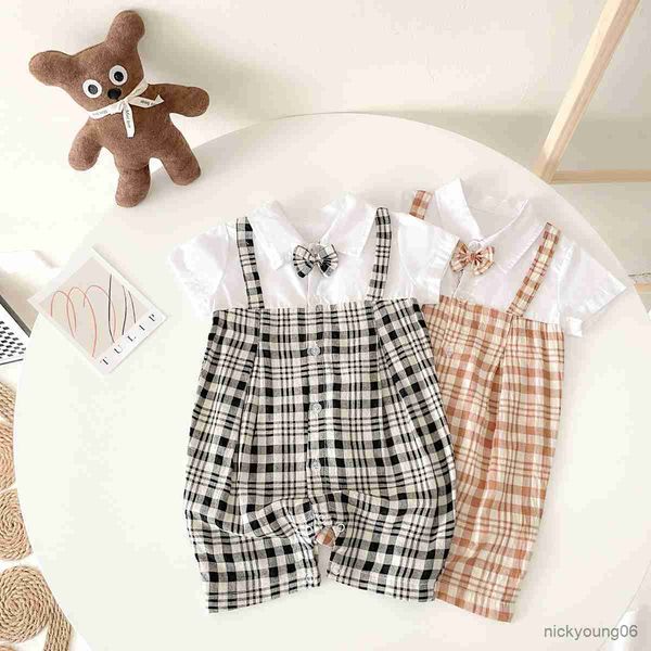 

clothing sets gentle baby boys summer plaid cotton short sleeved infants romper casual, White