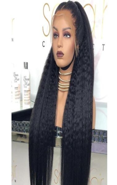 

26inch 180density natural black color long yaki straight wig lace front wigs remy soft with baby hair for women glueless heat res55304948, Black;brown
