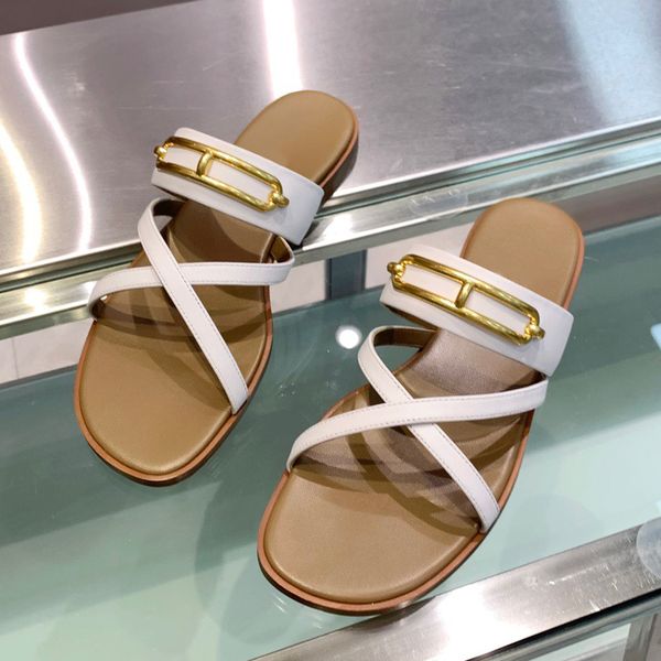 

designer slide woman slippers gold plated buckle sandals high-end genuine mold opening custom hand sewing platform heel designers flat woman, Black
