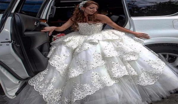 

full beaded ball gown wedding dresses 2020 boat neck bridal gowns lace up corset bodice tiered appliques wedding gowns1354610, White