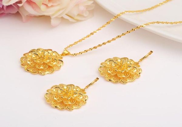 

ethiopian 24k fine yellow gold filled multichamber flower set jewelry pendant chain earrings african bride wedding bijoux gift6806692, Silver
