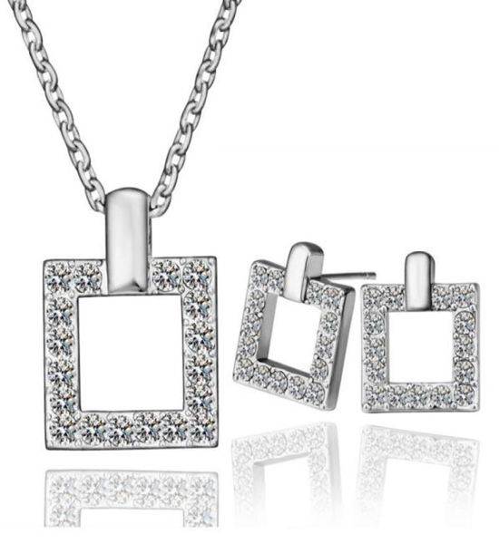 

18k platinum plated fashion women square jewelry sets austrian crystal pendant necklaces stud earrings for women8453398, Silver