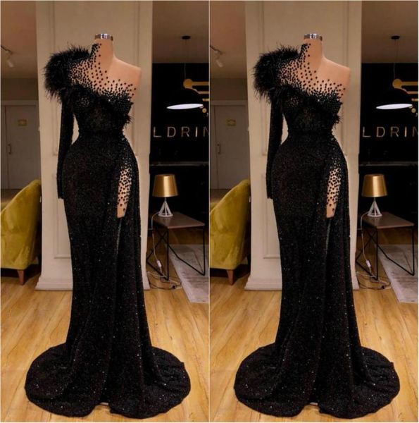 

2020 new black sequined evening dresses beaded feather mermaid prom dress high split formal party second reception gowns1512689, Black;red