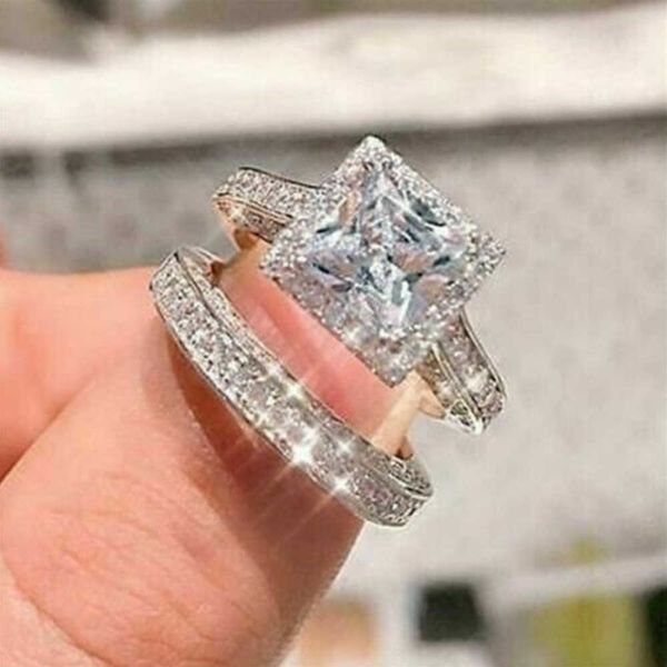 

band rings huitan trendy luxury 2pcs wedding set rings women princess square cz 2022 newly designed female accessories for party jewelry aa2, Silver