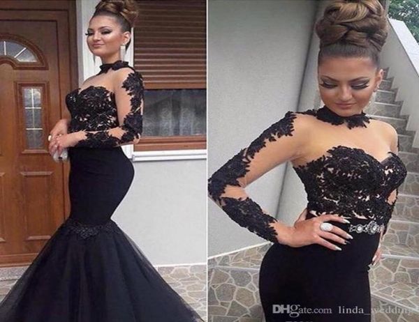 

mermaid prom dress high neck appliques long sleeve formal holiday wear graduation evening party gown custom made plus size6041521, Black