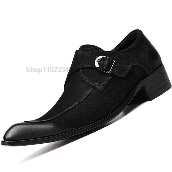 

luxury men loafers shoes suede formal men dress casual shoes black gray slip pointed toe buckle genuine leather oxford shoes men