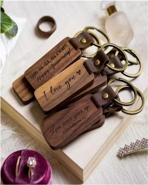 

personalized leather keychain pendant beech wood carving keychains luggage decoration key ring diy father039s day couple gift w6851354, Silver