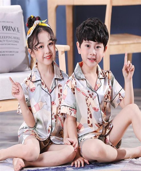 

2020 new children039s pajamas satin silk pajamas set kids baby boy girl clothes summer short sleeve shorts cartoon sleepwe3398039, Blue;red