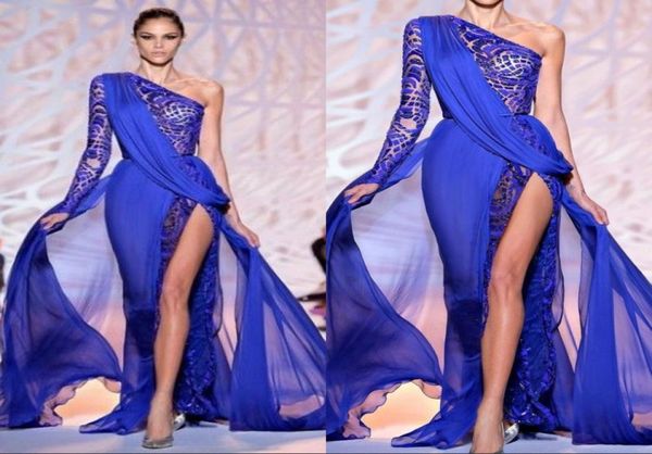 

gorgeous prom dresses one shoulder long sleeve royal blue high side split pageant evening party gowns formal wear5137150, Black