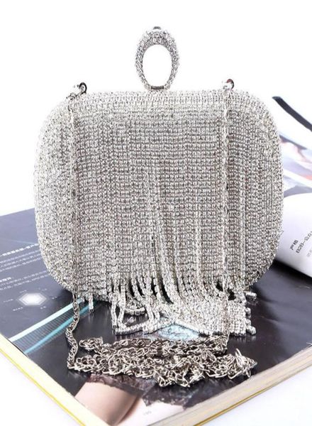 

new rhinestones women clutch bags diamonds tassels finger ring evening bags crystal wedding bridal handbags purse bags9381183, Black