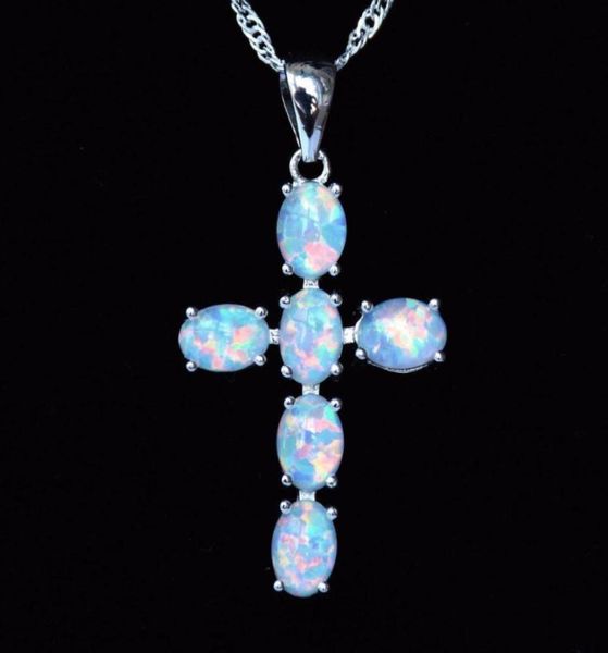 

cool christian cross design white blue fire opal pendant necklace84196231028991, Silver