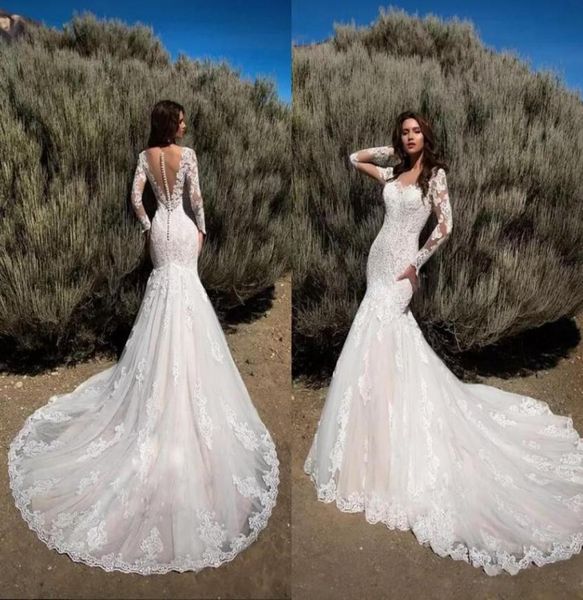 

boho pallas haute lace mermaid beach wedding dresses sheer jewel neck long sleeve illusion back bodycon bridal gown stylish vestid3180617, White