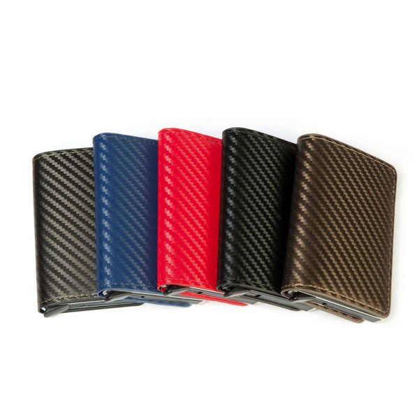 

aluminum alloy card package carbon wallets fiber rfid shielding antimagnetic case automatic bullet metal wallet clamp, Red;black