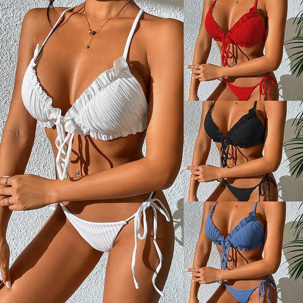 

new pit stripe pleated strapless bikini swimsuit split swimsuit, White;black