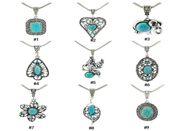 

vintage turquoise necklaces square elephant heart leaves flower natural stone pendant long chains for women fashion jewelry gift1327659, Silver