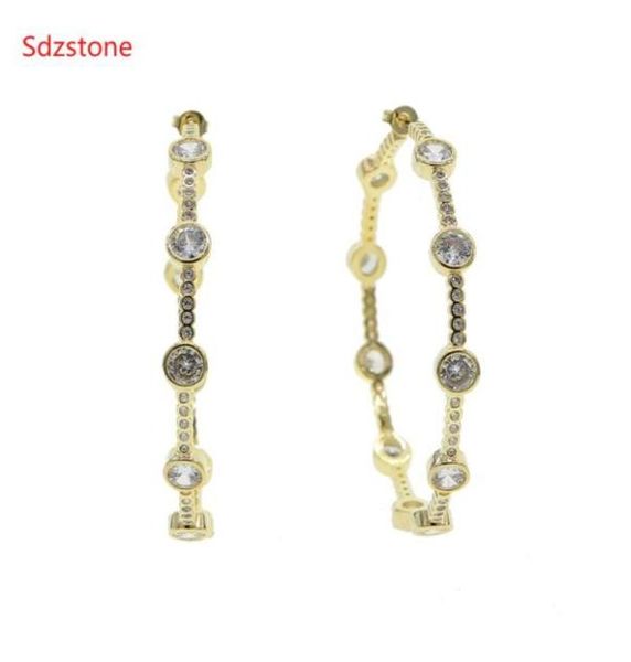 

hoop huggie shiny round zirconia 60mm big earrings for women circle aros aretes jewelry gift female7337828, Golden;silver