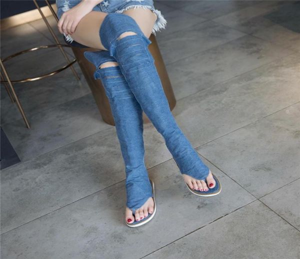 

ymechic 2020 blue black denim cross tied knee high gladiator sandals women summer long denim boot shoes plus size lady sandals9894840