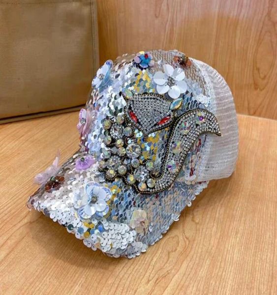 

2022 rose red rhinestone baseball cap female fox summer sequins sunscreen color hat sun hat5787390, Blue;gray