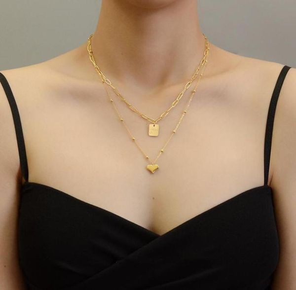 

pendant necklaces elegant gold plated stainless steel love heart multilayers for women jewelrysquare necklace bead neck chains6103534, Silver