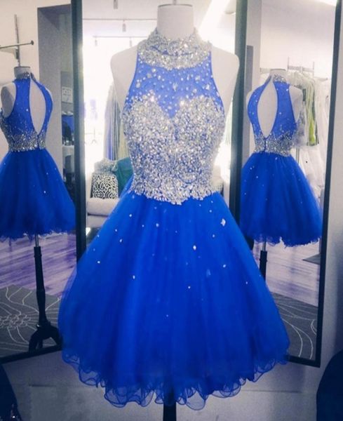 

2019 sparkly crystal beaded homecoming dresses for sweet 16 crew neck hollow back puffy tulle royal blue red graduation dresses pa8002248, Blue;pink
