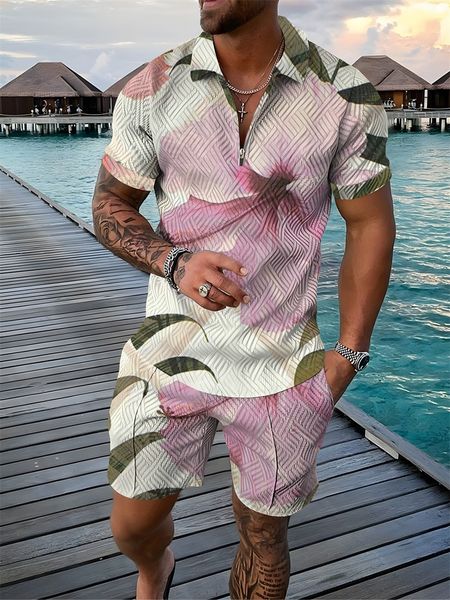 

mens tracksuits hawaii men printing tshirt shorts suit casual fashion half zip lapel short sleeve polo wear and summer clothing set 230713, Gray