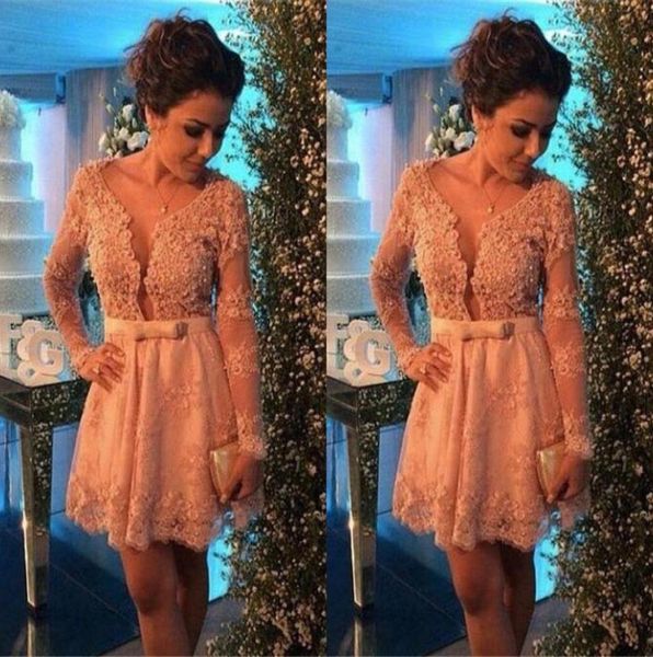 

short cocktail dresses 2017 scoop neck long sleeve sheer illuison lace with sashes beaded party dress homecoming gowns4626691, Black