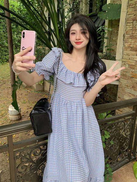 

summer 2023 fashion holiday dress vintage blue plaid ruffles boho beach party dress puff sleeve fairy elagant midi dress -4xl, Black;gray