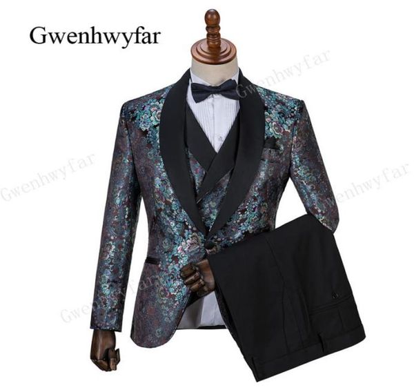 

gwenhwyfar2019 men suit one button green jacquard suit with pants tuxedo shawl collar wedding suit custom made jacketpantsvest1944002, Black;gray
