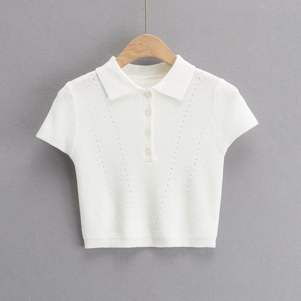 

polos women inspired cropped knitted polo pointelle short sleeved knit tshirt 24n3c, White