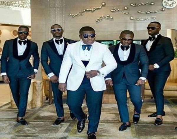 

white groom wedding tuxedos men suits trajes de hombre navy blue groomsmen outfits prom party 3piece bridegroom blazer terno mascu5225738, Black;gray
