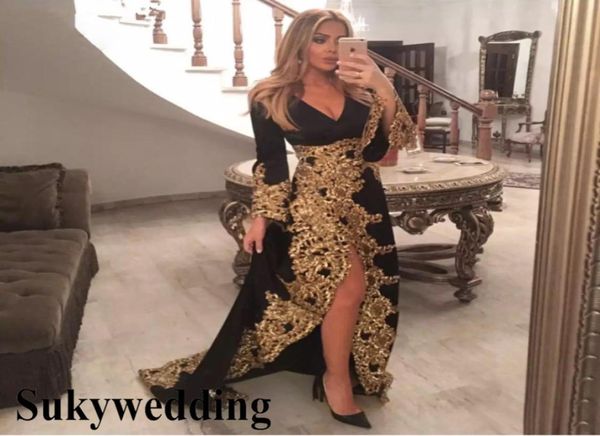 

elegant black evening dresses with gold lace applique long sleeves dubai prom formal dress vneck side split saudi arabic pag5980943, Black;red