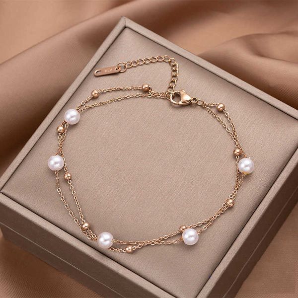 

anklets bohemia double layer white pearl charm anklets for women fashion titanium steel foot link chain anklet jewelry aa230530, Red;blue