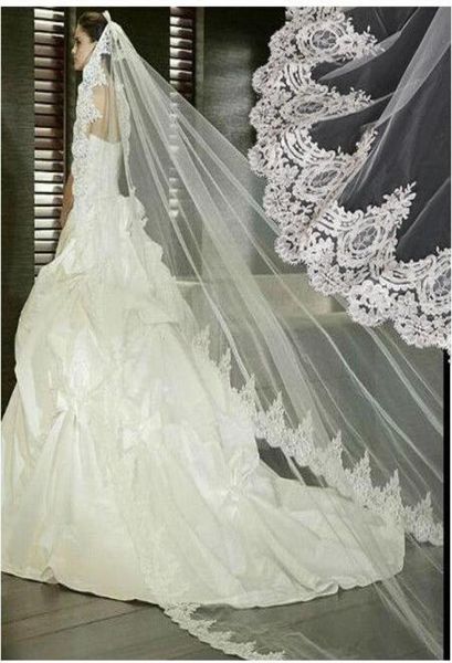 

modest classic vintage white ivory long tulle wedding bridal veil one layer applique lace wedding veils6970171, Black