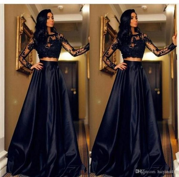 

black two pieces prom dresses jewel neck illusion long sleeves lace appliques open back long party dress evening gowns7492822