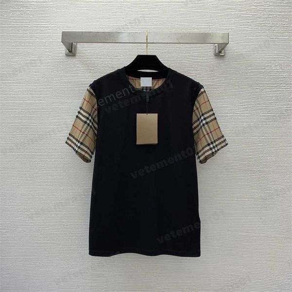 

high version t shirts womens summer classic checkered patchwork loose round neck short sleeve tshirt cotton casual luxury clothing, White