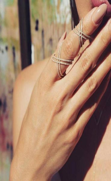 

double band cz criss cross x ring wedding engagement 925 sterling silver women full finger jewelry silver rose gold color8132901, Golden;silver