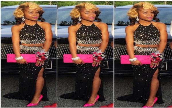 

glitzing crystal beaded black prom dresses 2016 two piece dress halter vestido de festa side split mermaid formal party evneing go7721025