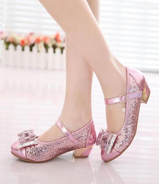 

children shoes new style golden silver pink bow crystal shining sequins girl low heels pu leather kids girls princess shoes39420479482974, Black;grey